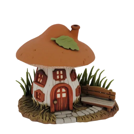 3D model of a whimsical mushroom house with a brown cap, white walls, arched door, wooden bench, and green grass, set against