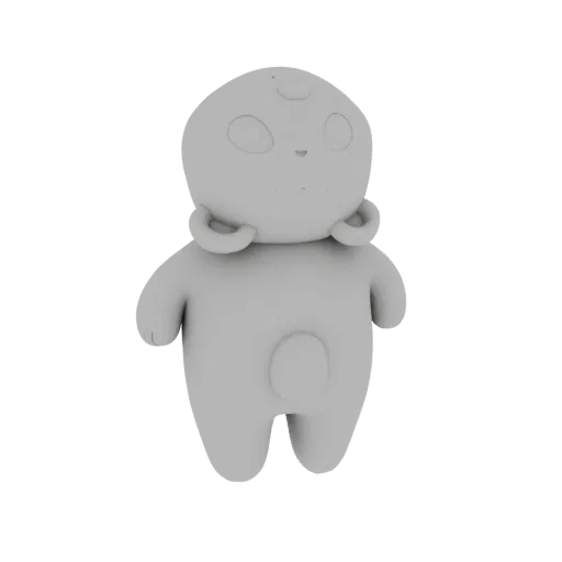 A 3D render of a cute, grey, blob-like monster with large eyes and small ear-like protrusions, standing against a white backg