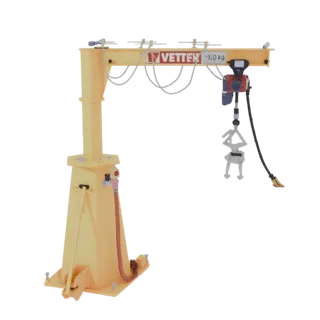 Modelo 3D de um guindaste de braço industrial amarelo com um acessório de garra mecânica, mostrado contra um fundo branco.