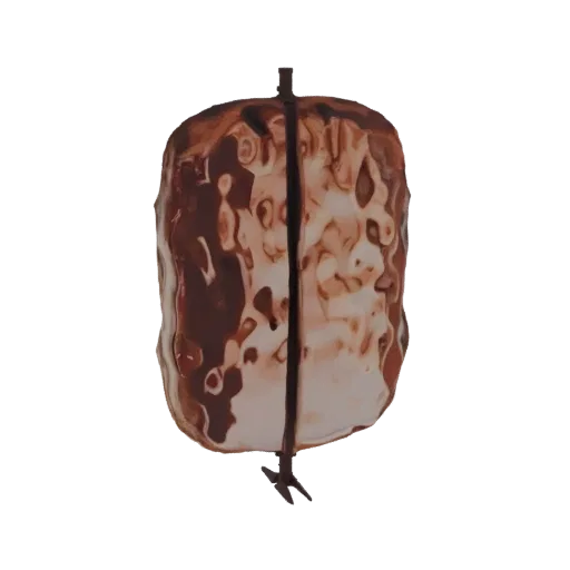 3D model of a chocolate glazed cake slice, split perfectly in half, showcasing glossy chocolate texture and moist cake interi