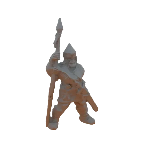 3D model render of a fantasy warrior figure holding a spear and sword, with detailed armor and a stern expression.