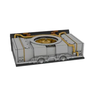 3D model of a grey industrial cooling unit with a central yellow fan and yellow piping, set against a black background.
