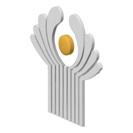 3D model of an abstract sculpture with a central golden orb surrounded by flowing silver swirls, set against a white backgrou