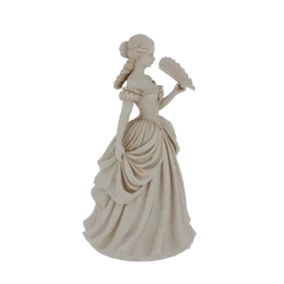 Modello 3D di una dama vittoriana in un abito ornato, che tiene un ventaglio, renderizzato in colore beige chiaro.