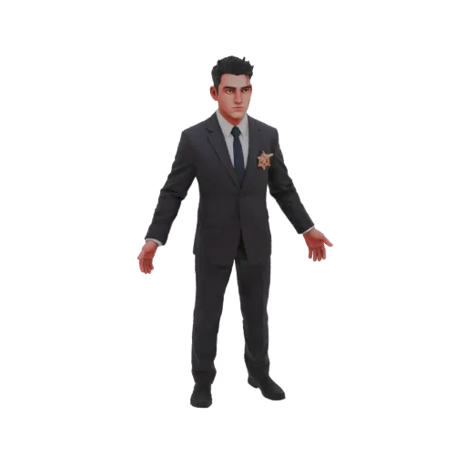 3D model render of a sheriff wearing a dark suit and badge, standing with arms outstretched.