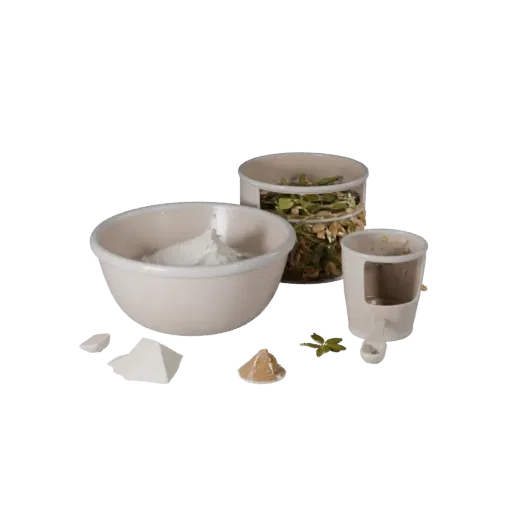 Baking Flour Bowl Realistic 3D model, three-quarter studio render, showing powders, small ingredient shapes.