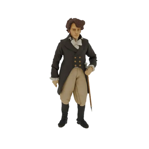 3D model of an 18th-century gentleman in a dark coat and tan breeches, holding a cane.