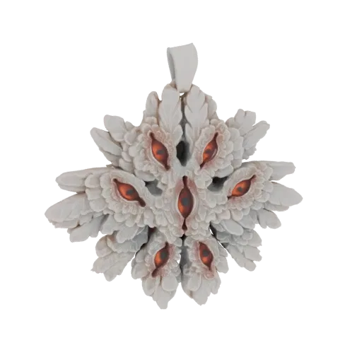 Um modelo 3D de um pingente de floco de neve com múltiplos olhos estilizados no centro, renderizado em acabamento fosco cinza