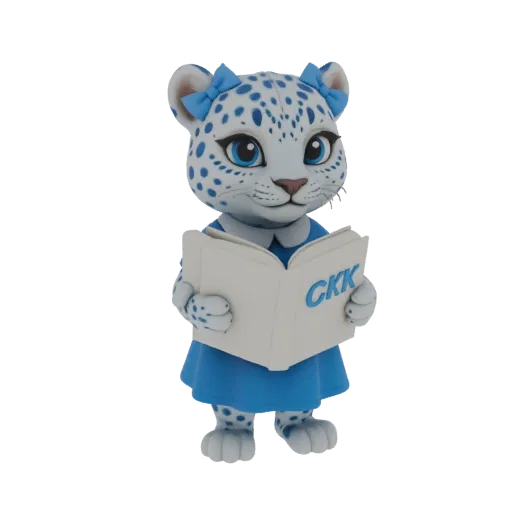 3D model of a cute snow leopard cub wearing a blue dress and bow, holding an open book with 'CKK' on the page.