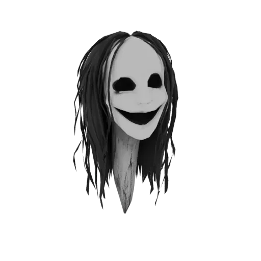 Modèle 3D de masque blanc effrayant avec un large sourire, des yeux sombres et de longs cheveux noirs ébouriffés, monté sur u