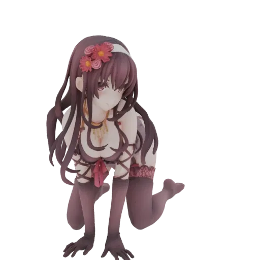 Modèle 3D de fille anime agenouillée aux longs cheveux sombres, portant un bandeau floral et une tenue détaillée, posée sur f