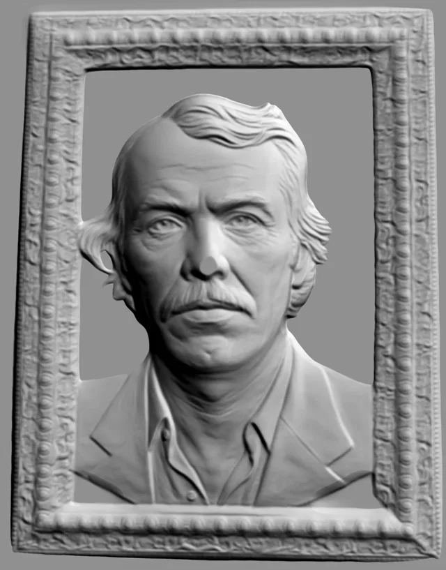Modelo 3D de bajorrelieve de hombre en marco vintage, vista frontal