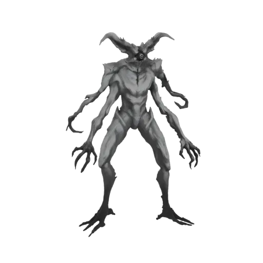 3D model of a gray alien demonic creature with multiple arms and a single eye, standing on a white background.