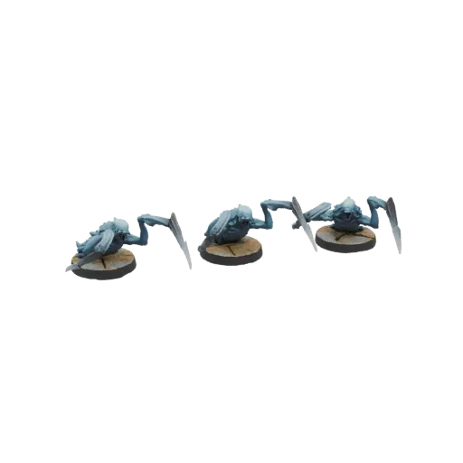 Three menacing alien spider warriors with scythe-like limbs, standing on textured bases, rendered in 3D.