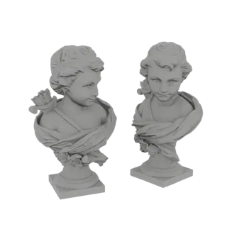 Render 3D di due busti classici in marmo di una giovane donna con rose, esposti su uno sfondo bianco.