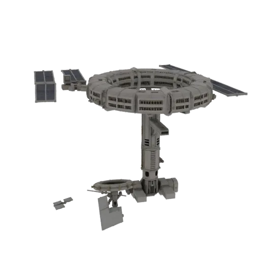 Modular Space Station Printable 3D model, isometric STL render, showing metal modules, modular station layout.