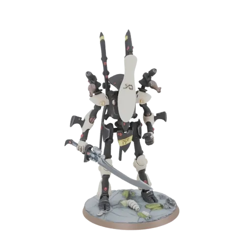 Modello 3D di un Warhammer 40,000 Eldar Wraithlord in posa dinamica, con una spada, su una base rocciosa.