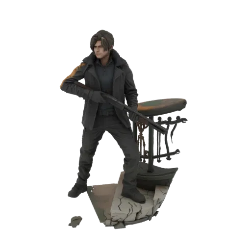 3D model of Leon Kennedy from Resident Evil holding a shotgun, standing on a rocky base.