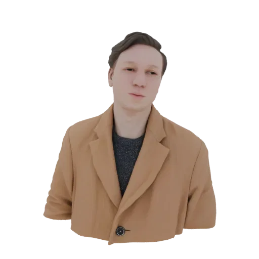 3D model render of a man wearing a tan coat and dark sweater, looking slightly to the side with a neutral expression.