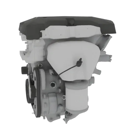 3D model of an internal combustion engine, showing its complex mechanical parts like the engine block, cylinder head, and pul