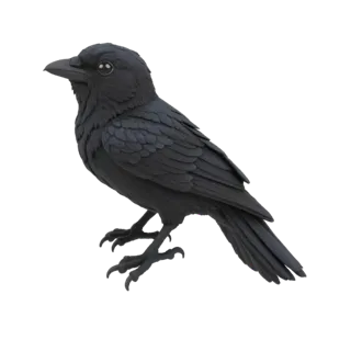 Um modelo 3D detalhado de um corvo negro empoleirado, com intrincadas texturas de penas e garras afiadas, contra um fundo bra