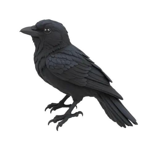 Um modelo 3D detalhado de um corvo negro empoleirado, com intrincadas texturas de penas e garras afiadas, contra um fundo bra