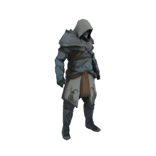 3D model of a fantasy knight armor set with a hooded cowl, layered plates, and ornate tunic details.