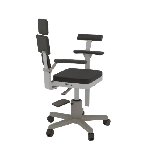 Emergency Exam Chair 3D model, three-quarter front view, AR viewer studio render, showing painted metal, form detail.