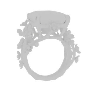 Modelo 3D de anillo blanco con banda en forma de rama floral y gema ovalada en la parte superior.