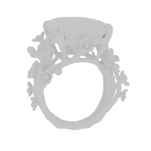 3D model of a white ring with a band shaped like a floral branch and an oval gemstone at the top.
