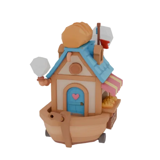Stylized low-poly 3D isometric model of a whimsical fantasy bakery on a wooden boat, featuring a bread-shaped roof ridge and