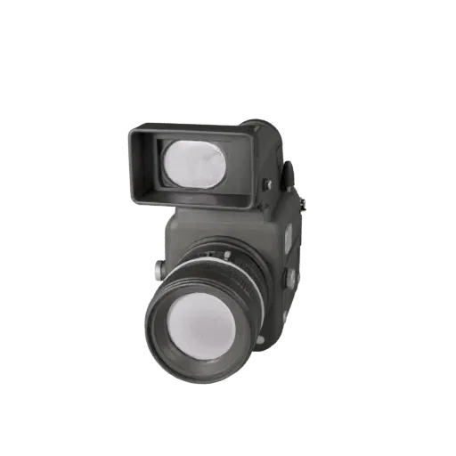 Vintage Video Camera Product Viz 3D model, three-quarter studio product render, showing textured grips, lens barrels.