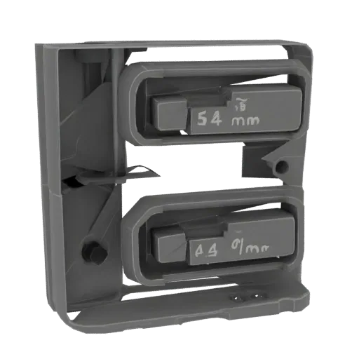 Modello 3D di un portacartucce doppio grigio con indicazioni '54 mm' e '44 mm', visto da una leggera angolazione.