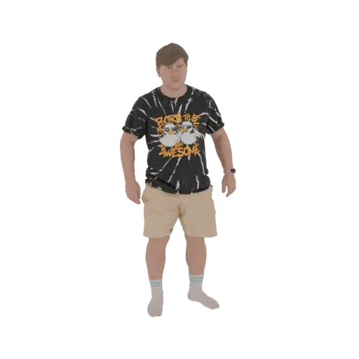 3D model of MrBeast wearing a tie-dye t-shirt and tan shorts, standing and looking forward.