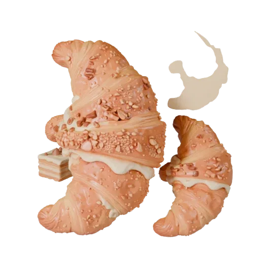 Croissant 3D model, three-quarter front view, AR viewer studio render, showing cream, sweet food silhouette.