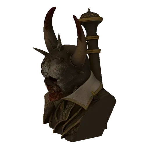 3D render of a demonic knight bust with large, blood-tipped horns, a grim mask, ornate armor, and a mace, presented on a whit