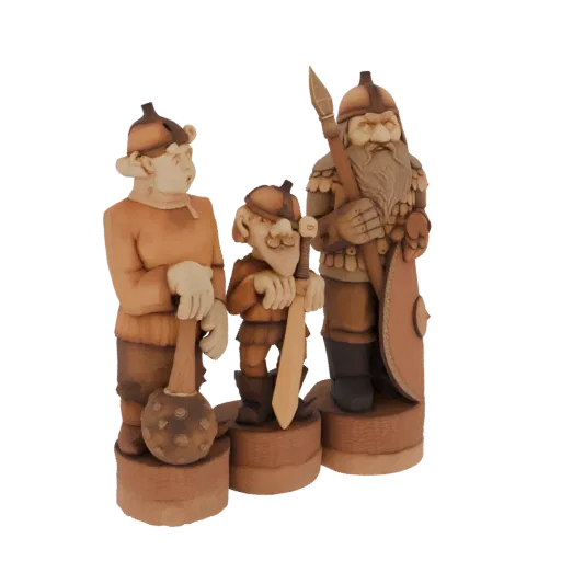 3D model of three carved wooden Norse warriors: a tall bearded warrior with a shield, a medium warrior with a sword, and a la
