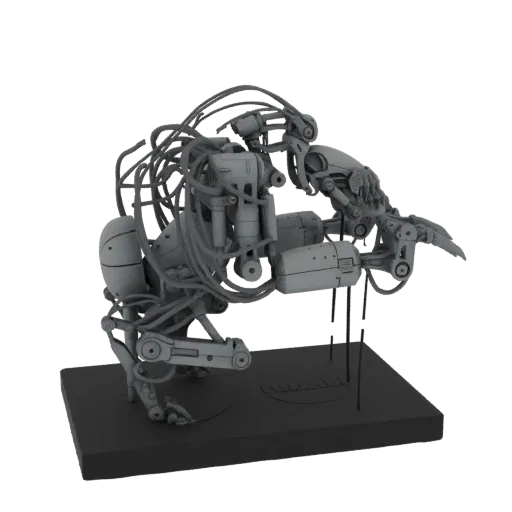 3D model of a grey cybernetic arachnid predator with mechanical limbs and wires, standing on a black base.