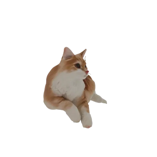 3D model of an orange tabby cat lying down, looking to the side with alert eyes and detailed fur texture.