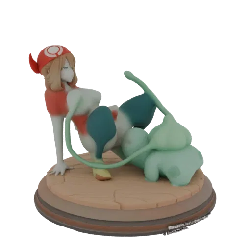 3D model of Pokemon trainer May and Bulbasaur in a pin-up pose on a wooden base, black background