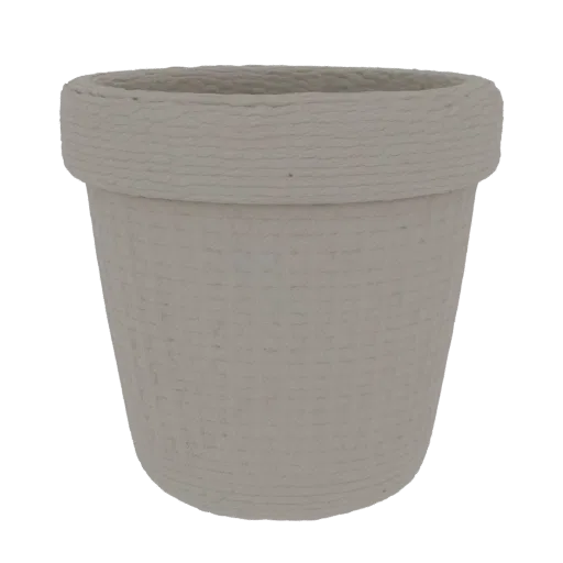 3D model of a planter pot for houseplants with a knit texture and volumetric cuff at the top, in beige tones.