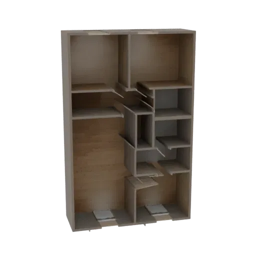 Modello 3D di un sistema armadio modulare moderno con finitura in legno chiaro, che mostra molteplici scaffali e scomparti.