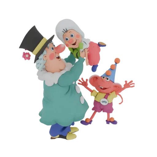 3D model of a whimsical claymation family, showing a father figure in a hat holding a baby, with a small elf standing nearby.