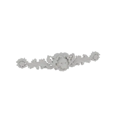 3D model of an ornate acanthus leaf scroll with a central stylized face, rendered in white.