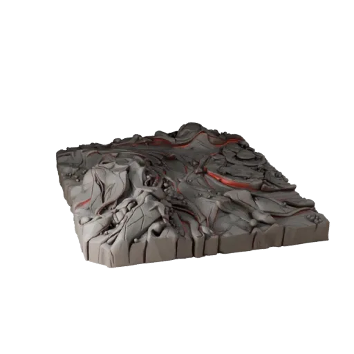Lava Stream Terrain Realistic 3D model, three-quarter environment render, showing wet stone, lava channels.