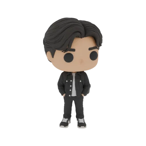 3D model of a K-Pop idol in a Funko Pop style, wearing a black denim jacket and black pants, with hands in pockets.