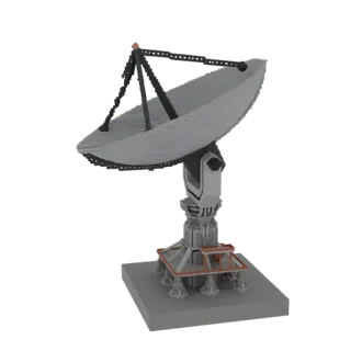 3D model of a detailed satellite dish with a large parabolic reflector and a complex support structure, rendered on a white b