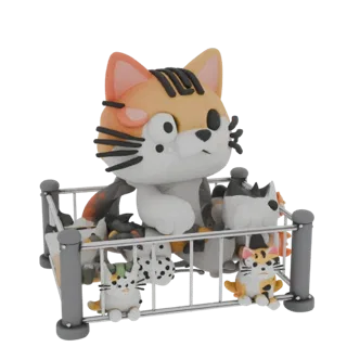 Render 3D de una familia de gatos estilizada, incluyendo una gata madre y varios gatitos, jugando dentro de un corralito metá