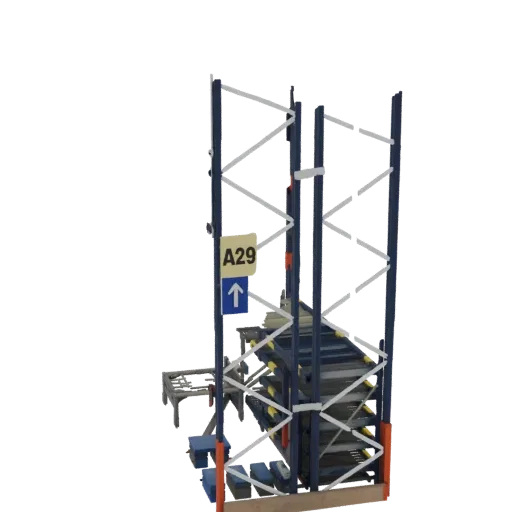3D model of a blue and white industrial storage rack with a yellow 'A29' directional sign, showing multiple shelves.