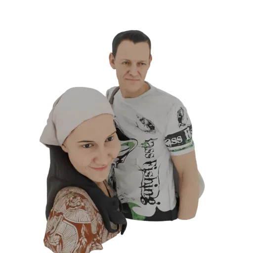 3D model of a man and woman standing close together, with the woman in the foreground smiling.